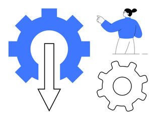 Blue gear with downward arrow, minimal gear outline, and a pointing figure. Ideal for process optimization, workflow, efficiency, direction, innovation mechanics teamwork. Simple flat metaphor
