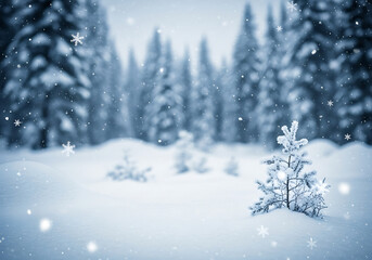 Fototapeta premium Winter Scene with Falling Snowflakes, Snow Drifts, and Blurred Forest Background for Christmas Display