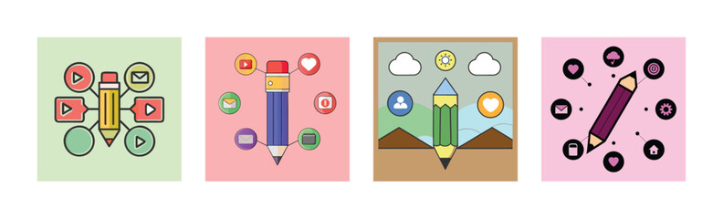 Content Creation and Social Media Marketing Vector Illustration Set Pencil Video Email Heart Icons