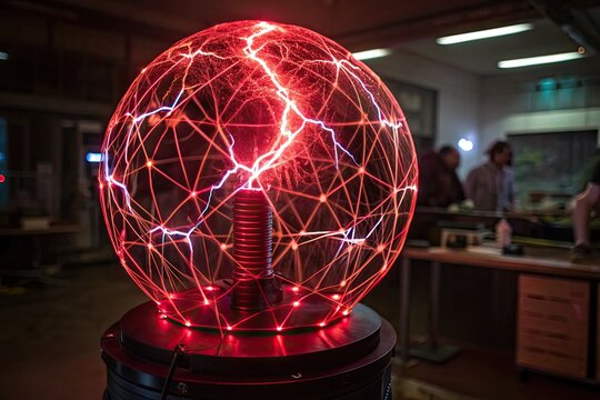 Electric Plasma Sphere Demonstration, Science Event, Innovation Lab, Photo, Modern Environment, Close-Up View, Captivating Energy