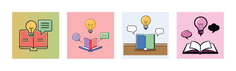 Creative concept illustrations with open books, light bulbs, and speech bubbles, symbolizing learning, ideas, and knowledge exchange