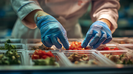 A chef carefully prepares fresh ingredients in a kitchen, showcasing skill and attention to detail in food preparation.