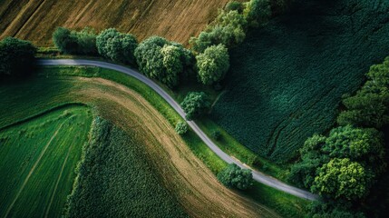 Beautiful aerial view showcasing a vibrant cornfield along a winding road, surrounded by lush greenery and fields during a sunny day in rural farmland