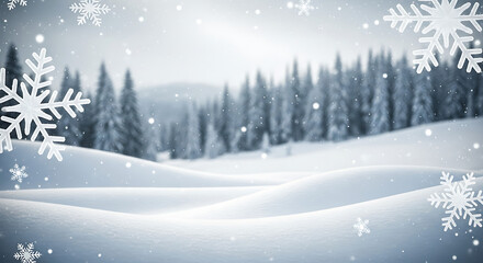 Fototapeta premium Winter Scene with Falling Snowflakes, Snow Drifts, and Blurred Forest Background for Christmas Display