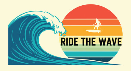 Illustration of ride the wave with a surfer silhouetted against a retro sunset, embodying the spirit of summer and the thrill of the oceans embrace
