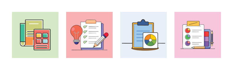 Data Analysis and Business Reporting Vector Illustration Set Document Clipboard Chart Graph Pie Chart Icons