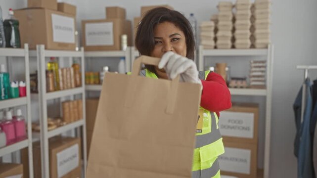 Woman in reflective vest volunteering by holding a paper bag in a donation center surrounded by shelves of supplies highlighting her dedication to charity work indoors.