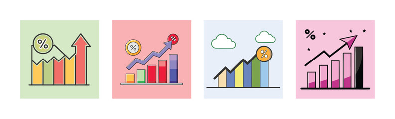 Growth Chart and Bar Graph Icons with Percentage Arrows, Illustrating Business Development and Financial Improvement