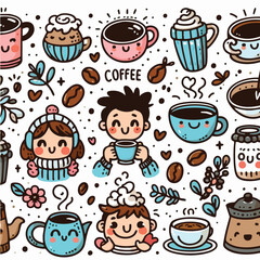 Kawaii Coffee Cups and Beans Vector
