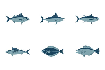 Detailed flat vector icons for fresh water fish, showing various species, representing different types of river and lake fish,