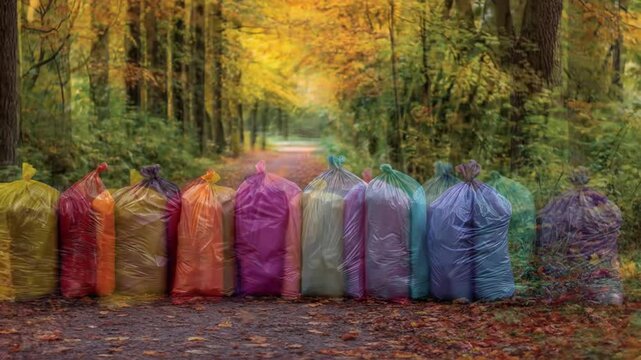 Collection of colorful bags in autumn forest