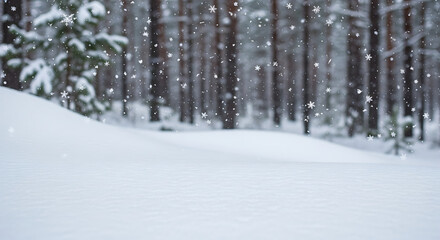 Fototapeta premium Winter Scene with Falling Snowflakes, Snow Drifts, and Blurred Forest Background for Christmas Display