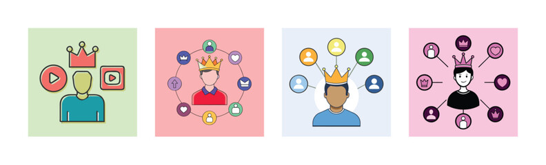 Influencer Marketing and Audience Engagement Vector Illustration Set Crown User Profile Icons