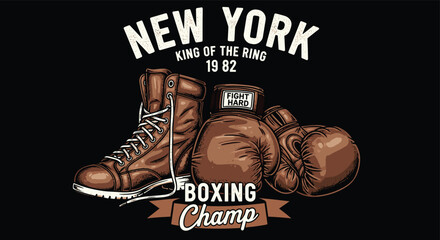 Illustration of vintage boxing champ illustration featuring new york king of the ring 1982, boxing glove, and boxing boot on a