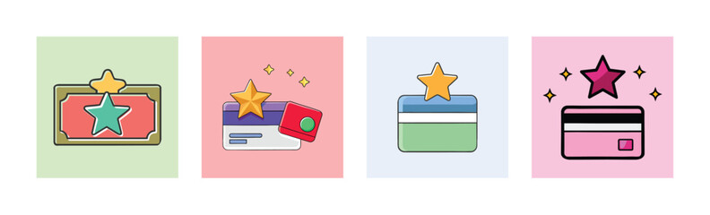 Reward Program Icon Set Featuring Loyalty Cards and Tickets with Stars, Representing Exclusive Benefits and Premium Status