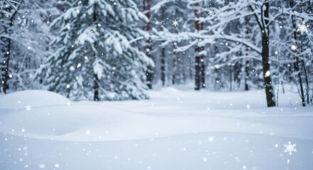 Winter Scene with Falling Snowflakes, Snow Drifts, and Blurred Forest Background for Christmas Display