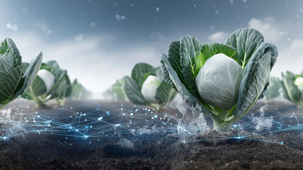 Futuristic scene of cabbage plants growing in field, with digital network elements overlaying soil, suggesting blend of agriculture and technology