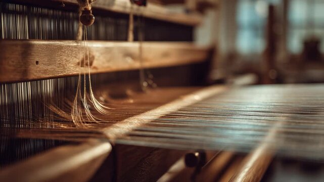 Close-up of a wooden weaving loom with threads and a depth of field that blurs the background