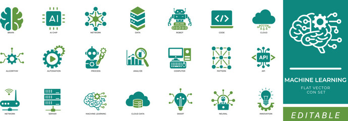 Machine learning, AI, data, neural network, automation flat vector icon set for technology, innovation, and digital analysis.