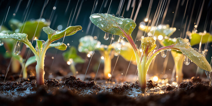 Young plants growing from wet soil under rain, creating beautiful atmosphere with glistening water droplets. vibrant green leaves and rich brown earth evoke sense of freshness and renewal