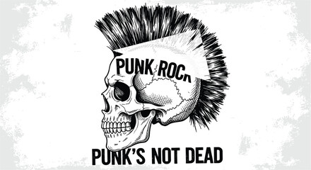 Illustration of a skull with a mohawk and the words punk rock and punks not dead in a black and white drawing style