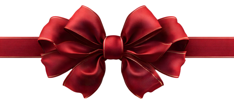 Realistic red bow and ribbon isolated on transparent background. Template for brochure or greeting card. Vector illustration.