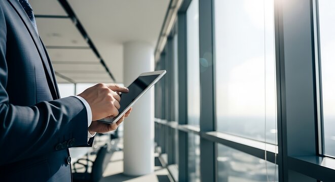 Man in a suit uses a tablet by a skyscraper window with city view.