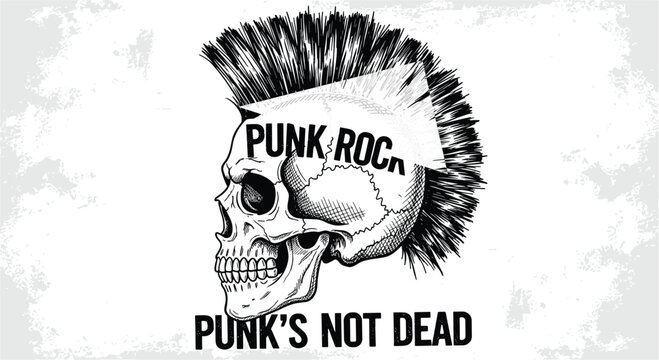 Illustration of a skull with a mohawk and the words punk rock and punks not dead in a black and white drawing style