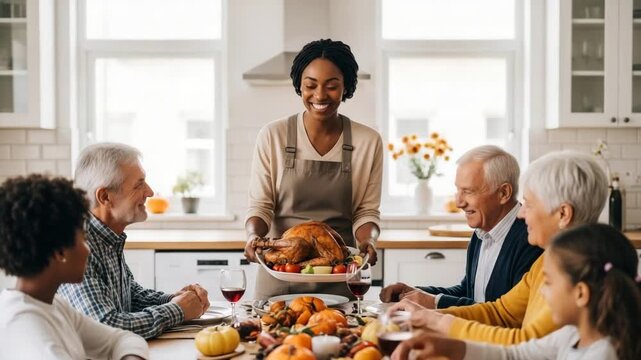 A young happy black woman holds a dish of roast turkey in her hands. Traditional festive Thanksgiving turkey dinner.	