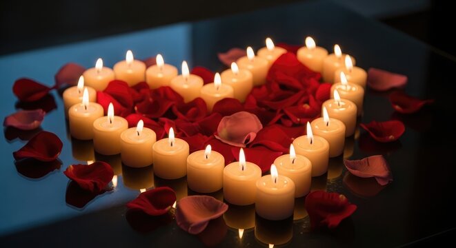Romantic heart-shaped arrangement of lit candles and rose petals.
