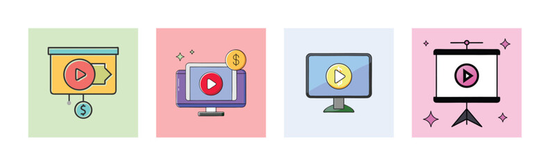 Video Content Marketing Displaying Play Button on Screen and Projector Presentation Icon Set
