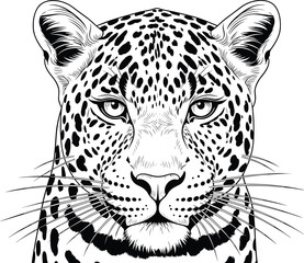 Black and white leopard face illustration, detailed wild animal drawing for tattoo, wildlife art, jungle predator, and nature design