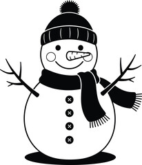 Black and white snowman vector illustration with winter hat, scarf, stick arms, cheerful face, Christmas theme, holiday decoration design