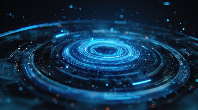 Futuristic blue digital vortex with glowing concentric circles and light particles.
