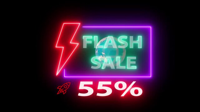Glowing neon line of FLASH SALE 55% sign banner for promo video. Neon Flash sale poster, sale banner design template Flash Sale promotional labels templates set on background..