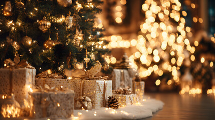 Festive holiday background featuring a glowing Christmas tree, beautifully wrapped gifts, and sparkling decorations, cozy winter ambiance.
