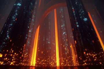 Futuristic Cityscape with Glowing Pillars and Arches
