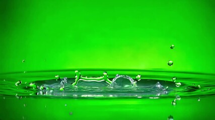 Water flow on green screen. Splashing water liquid pours on chroma key background. Water filter advertisement