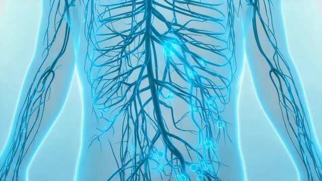 Highlighted visualization of human body and skeleton with glowing nerve endings, neural and energy. Transparent human figure. Medical, anatomical animation