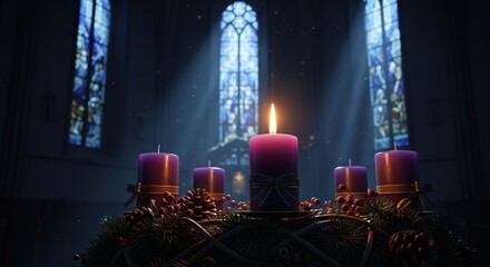 Lit Advent Candle Wreath in Church Celebrating First Sunday of Advent Tradition