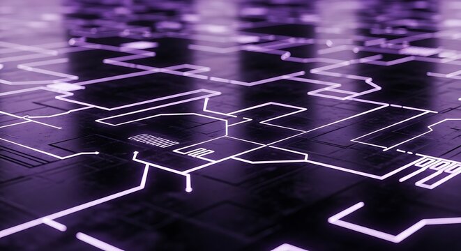 Abstract purple technology background with glowing lines and circuit pattern