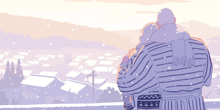 Para zakochanych w kimonach podziwia zimowy krajobraz z opadami śniegu z daleka.