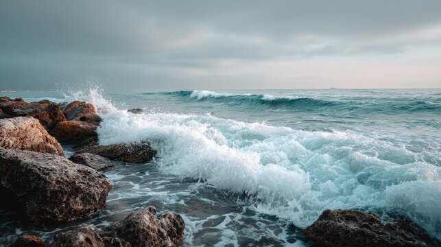 Calm ocean waves crash on rocky shore under a cloudy sky during the early evening hours