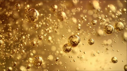 Golden bubbles flowing in champagne create a mesmerizing spectacle of elegance and celebration in a close-up view