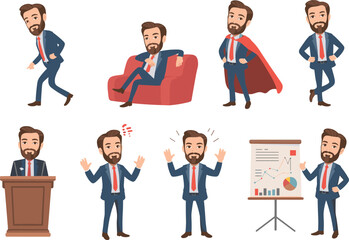 Businessman character cartoon set with various poses, emotions, presentation, leadership, motivation, speech, excitement, frustration, and casual actions