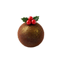Traditional christmas pudding with holly and berries isolated on transparent background