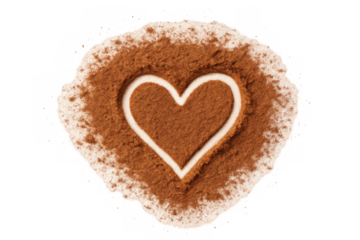 Cocoa powder forming heart shape on white sugar for valentine's day, love, sweet dessert, baking on transparent background