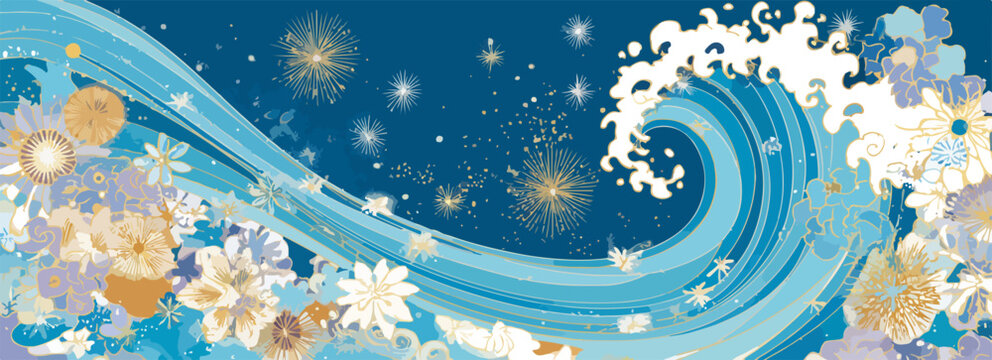 Fototapeta Abstrakcyjny motyw morskich fal z kwitnącymi kwiatami i gwiazdami w nocnym niebie.