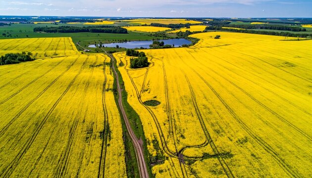 Aerial view of vibrant yellow rapeseed fields with a lake in the background. - Powered by Adobe
