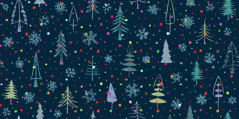 Seamless pattern of trees and confetti, winter holiday background, Christmas and New Year, vector design